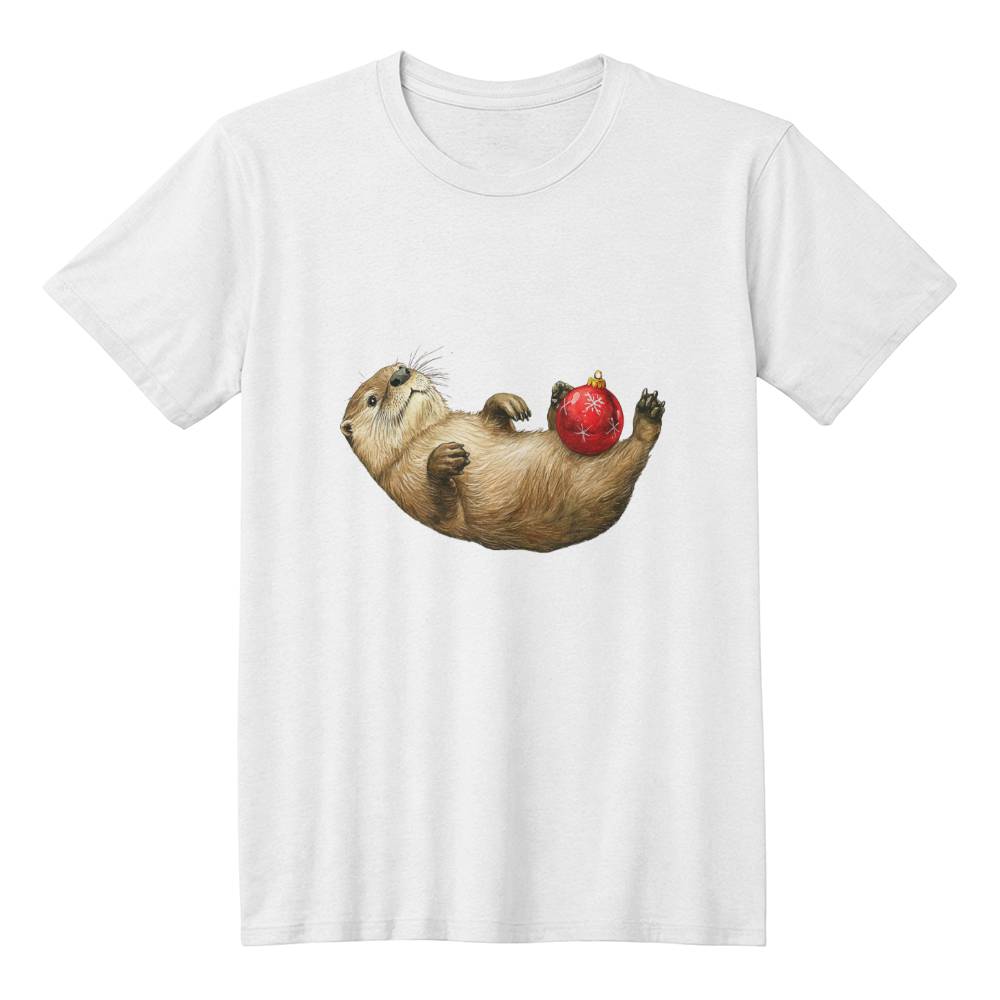 Cute Animal Christmas Tshirt 2024 - Lazy Otter Holding Christmas Ornament