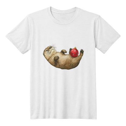 Cute Animal Christmas Tshirt 2024 - Lazy Otter Holding Christmas Ornament