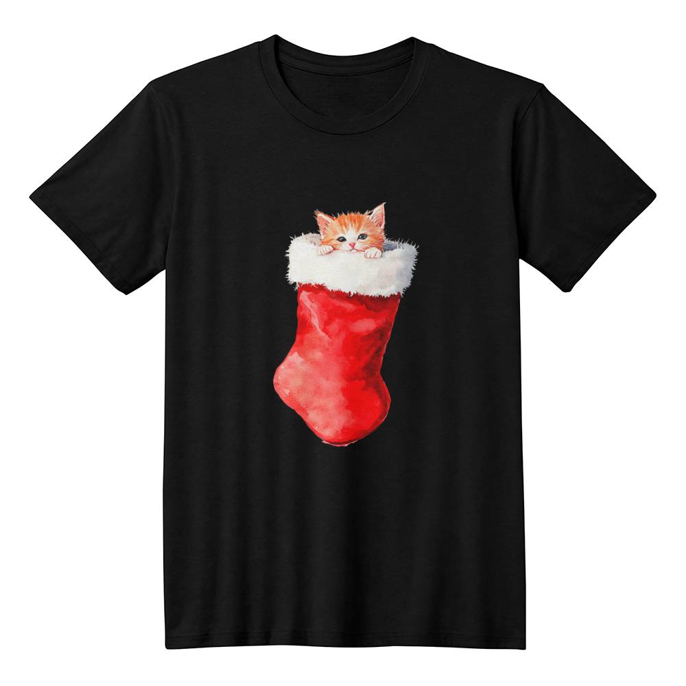 Cute Christmas Shirt 2024 - Red Stocking with Sleepy Kitten