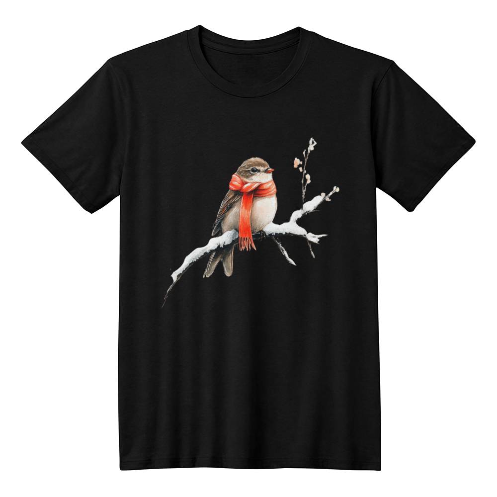 Cute Christmas Shirt 2024 - Tiny Bird in Red Scarf on Snowy Branch