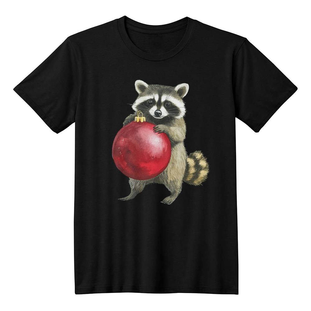 Cute Animal Christmas Shirt 2024 - Racoon Holding Red Ornament