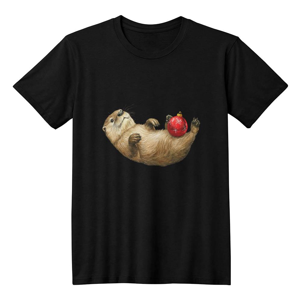 Cute Animal Christmas Tshirt 2024 - Lazy Otter Holding Christmas Ornament