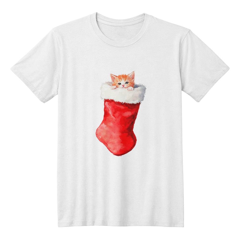 Cute Christmas Shirt 2024 - Red Stocking with Sleepy Kitten