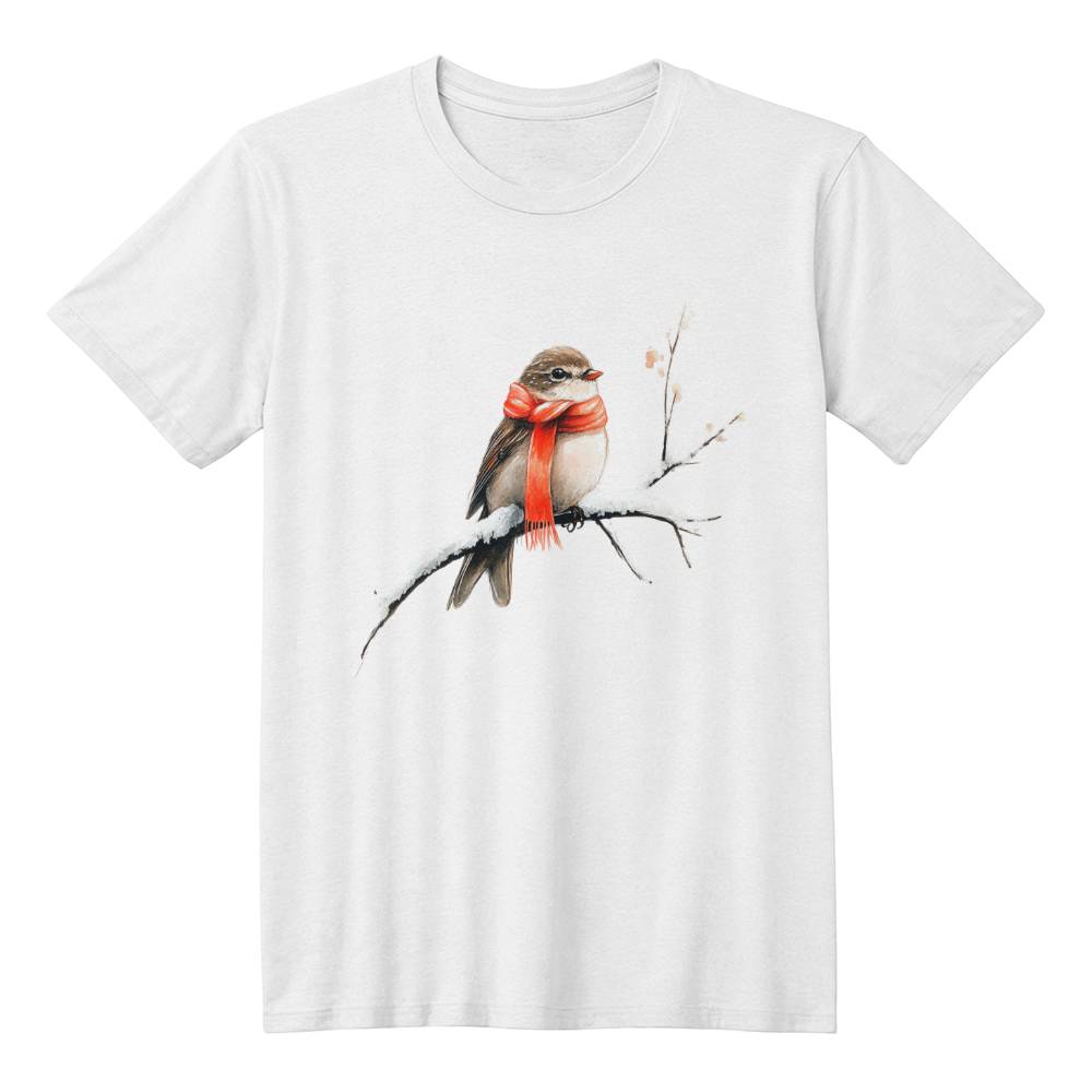 Cute Christmas Shirt 2024 - Tiny Bird in Red Scarf on Snowy Branch