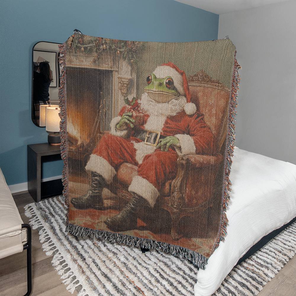 Tod the Frog as Santa Claus Sitting Beside the Fireplace Heirloom Tapestry – Exclusive Christmas 2024 Décor