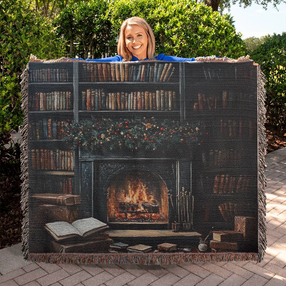 Mini LIbrary with Fireplace Woven Blanket Tapestry - Christmas Dark Acedemia Decor 2024