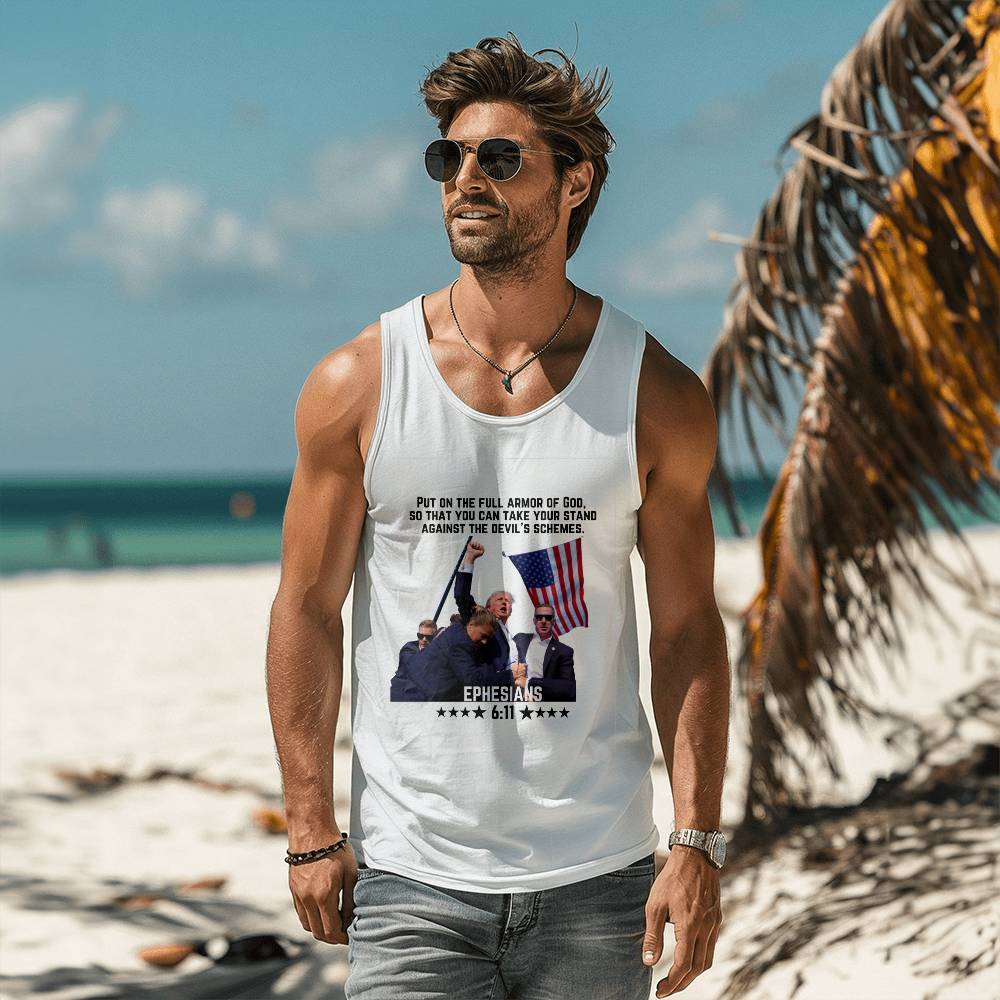 Ephesians 6:11 Trump Shooting White & Heather Tank Top | Stand With Trump 2024