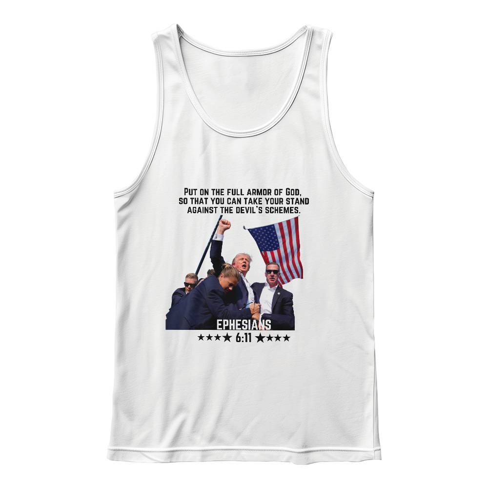 Ephesians 6:11 Trump Shooting White & Heather Tank Top | Stand With Trump 2024