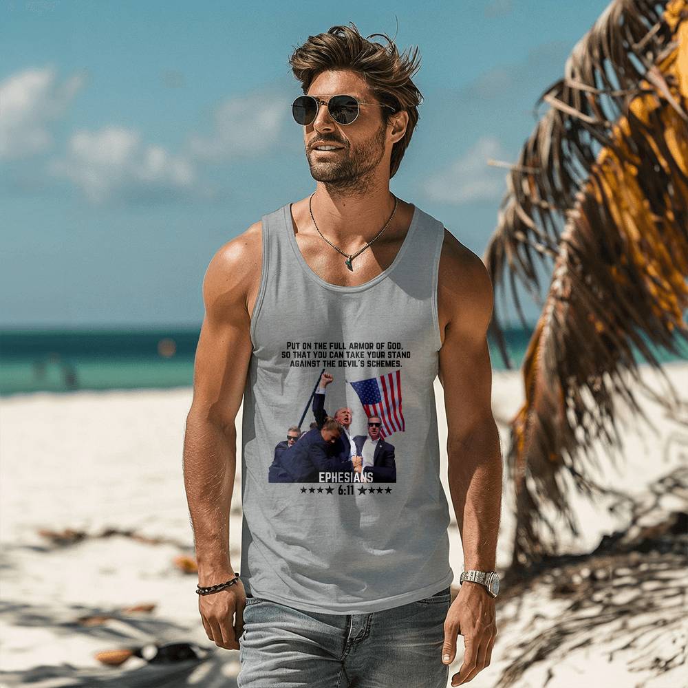 Ephesians 6:11 Trump Shooting White & Heather Tank Top | Stand With Trump 2024