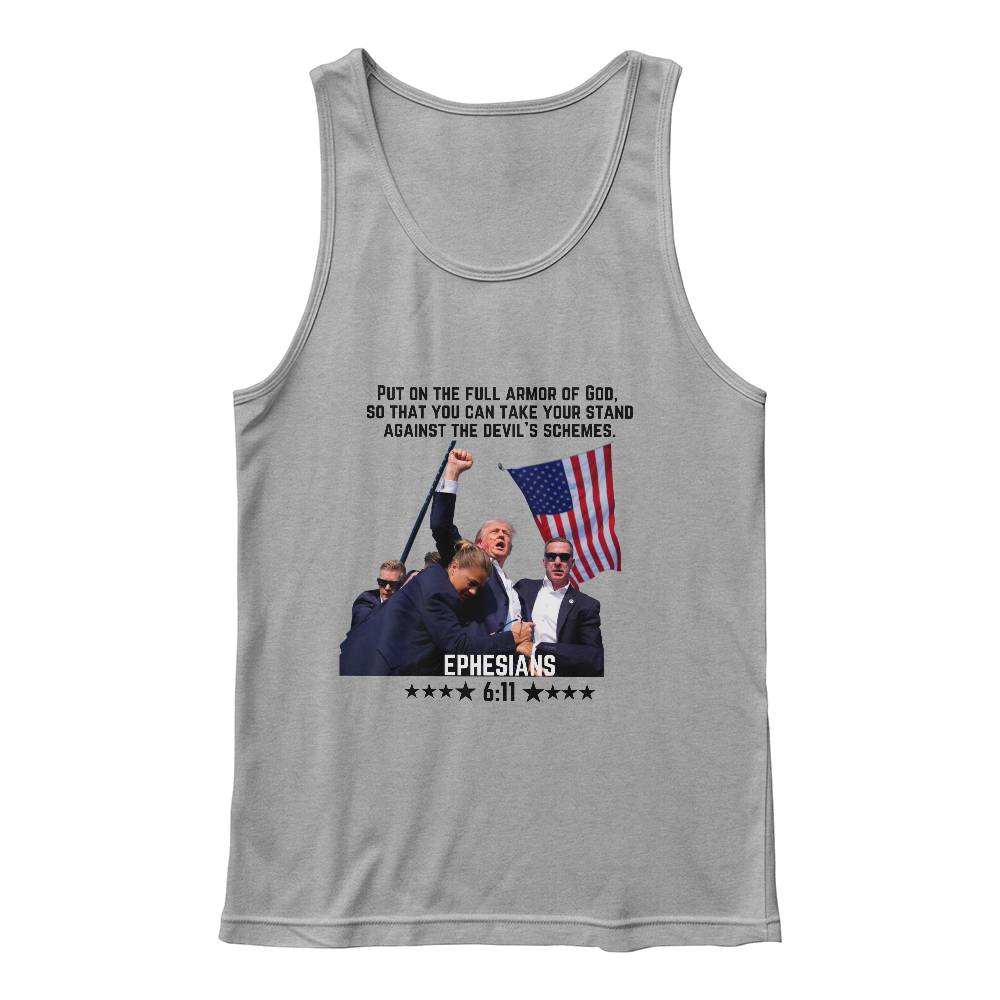 Ephesians 6:11 Trump Shooting White & Heather Tank Top | Stand With Trump 2024