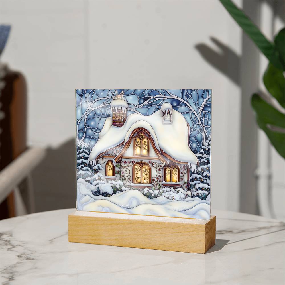 Faux Stained Glass Acrylic Plaque | Snowy Home Christmas Decor 2024