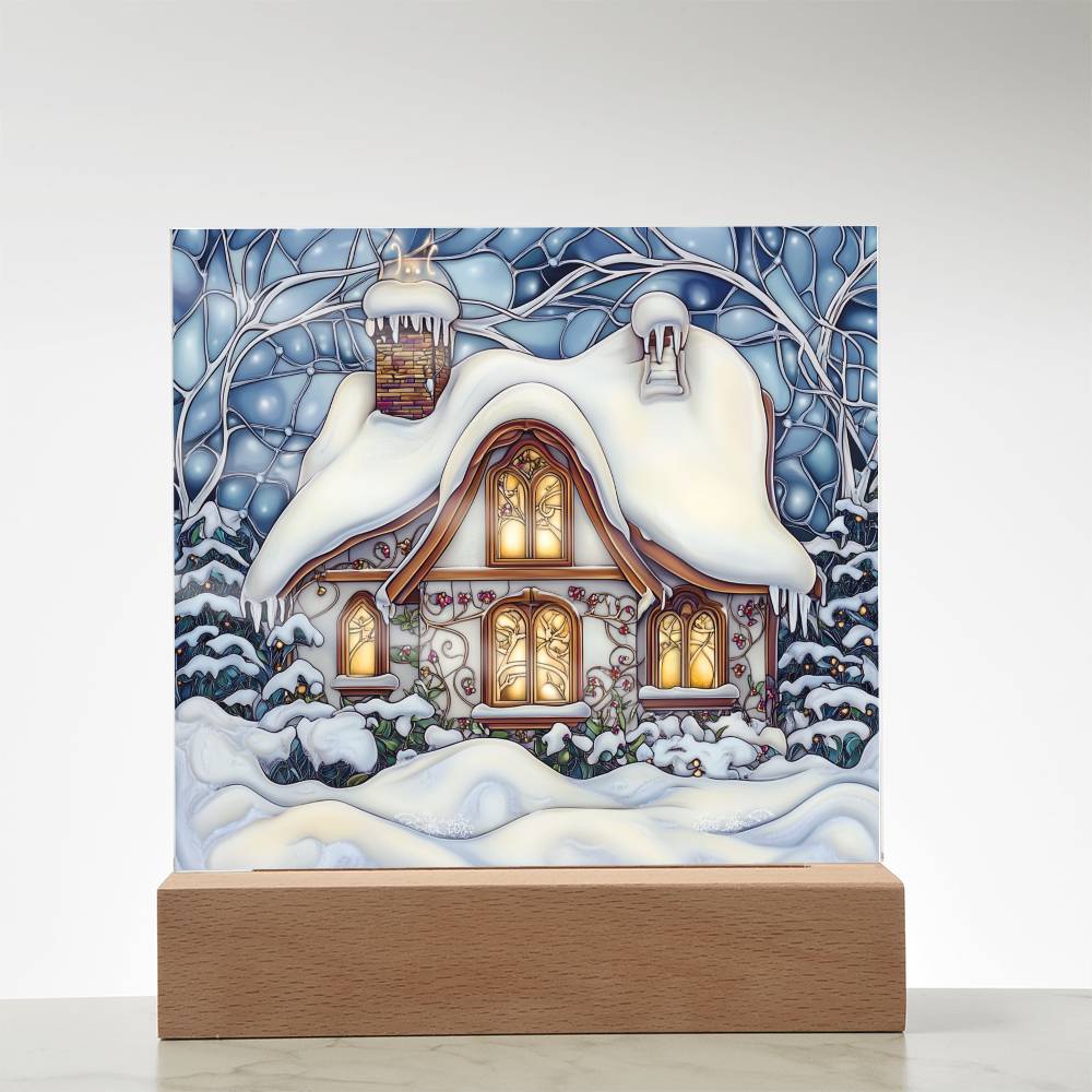 Faux Stained Glass Acrylic Plaque | Snowy Home Christmas Decor 2024