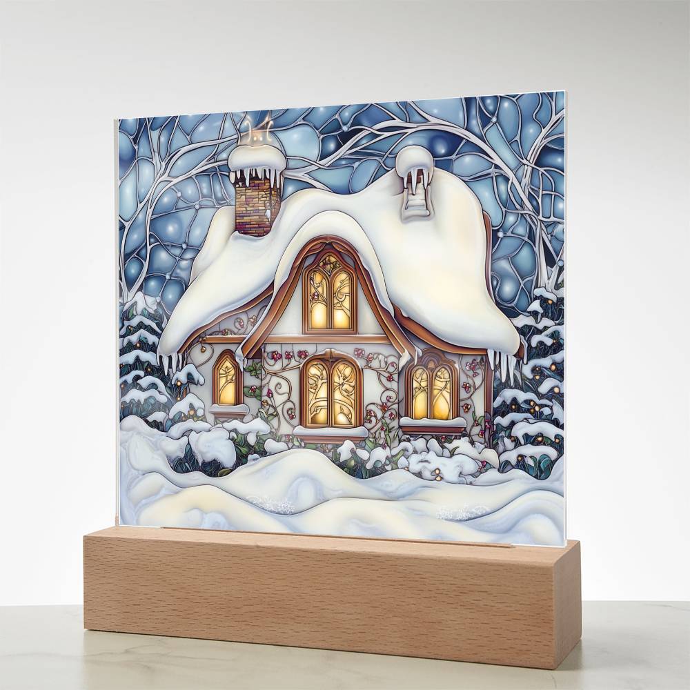 Faux Stained Glass Acrylic Plaque | Snowy Home Christmas Decor 2024