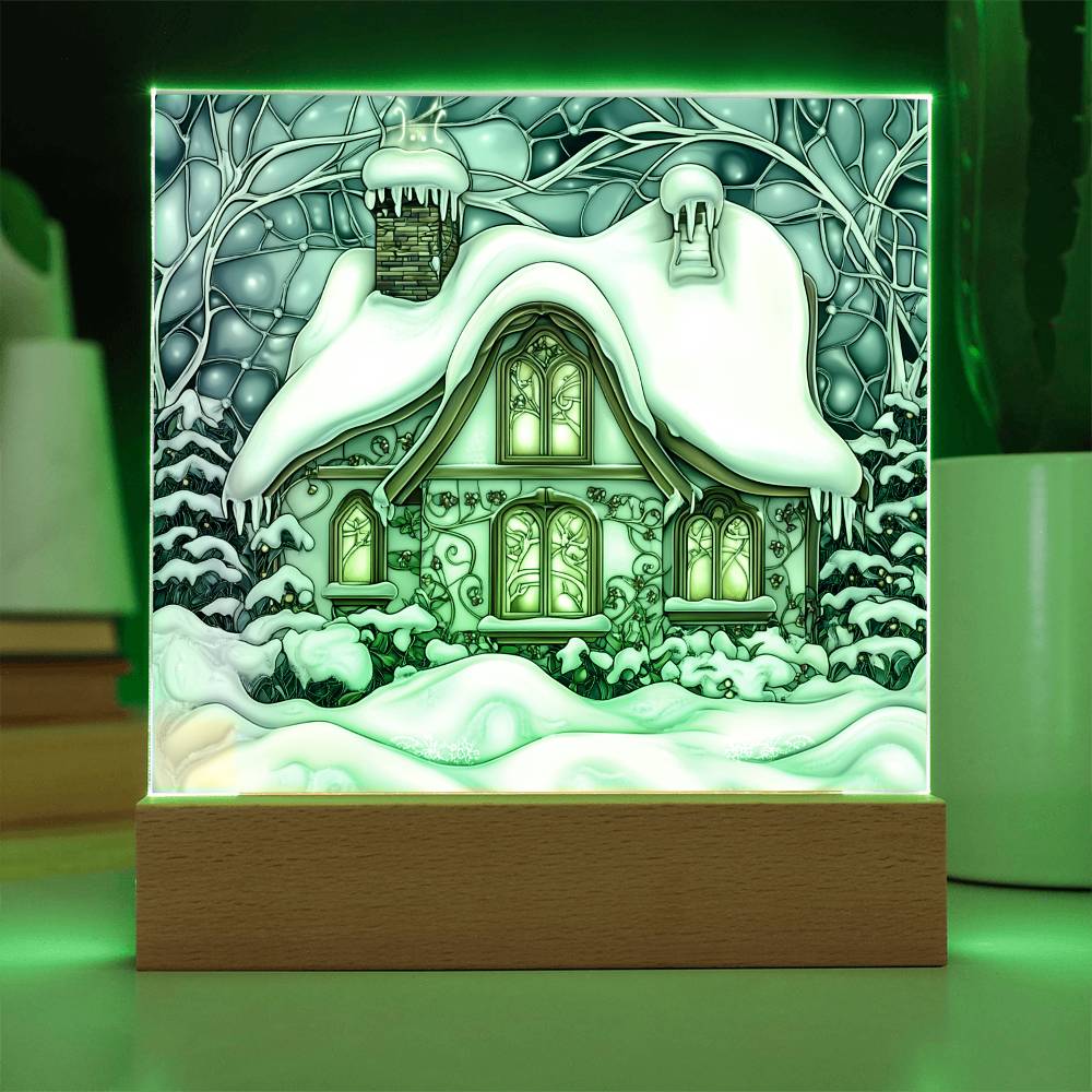 Faux Stained Glass Acrylic Plaque | Snowy Home Christmas Decor 2024