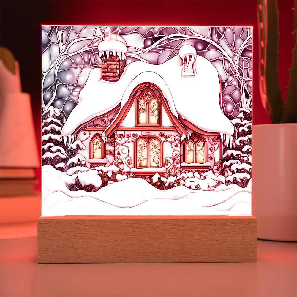 Faux Stained Glass Acrylic Plaque | Snowy Home Christmas Decor 2024