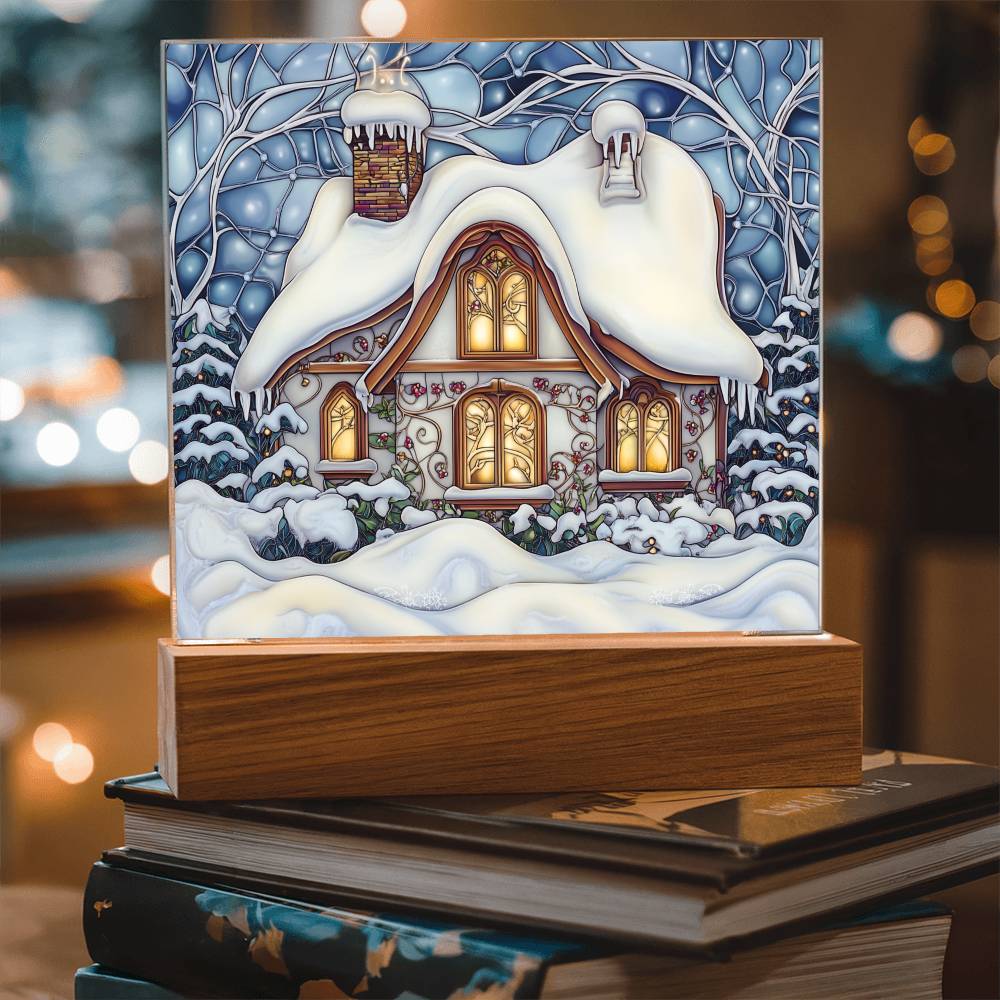 Faux Stained Glass Acrylic Plaque | Snowy Home Christmas Decor 2024